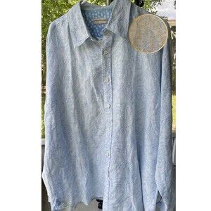 Natural Blue Men's 2XL Button Down  Roll Tab Linen Cotton Blue Paisley Contrast